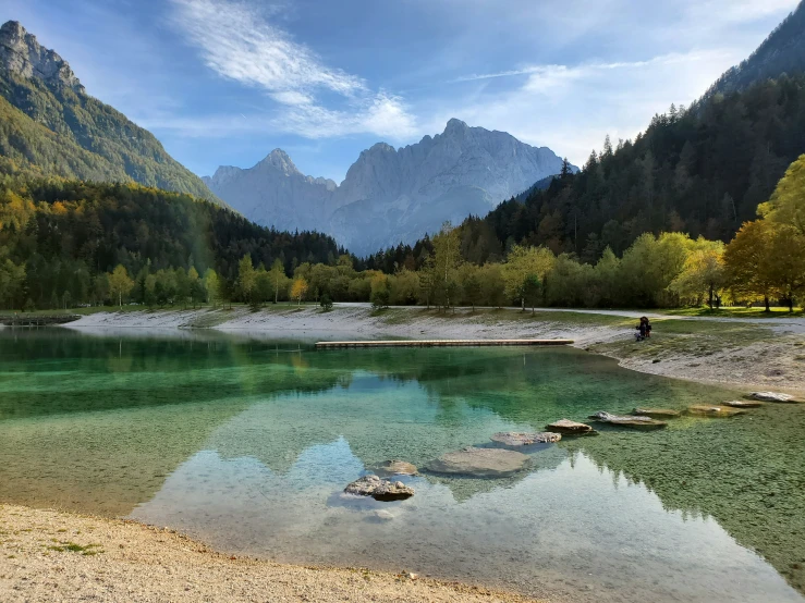 an image of people in the water and mountains