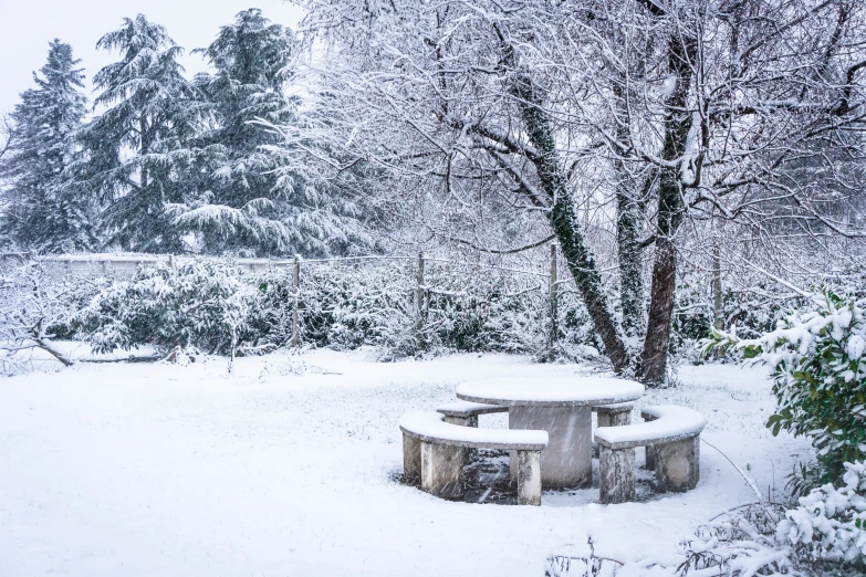 snow is covering a park bench surrounded by trees