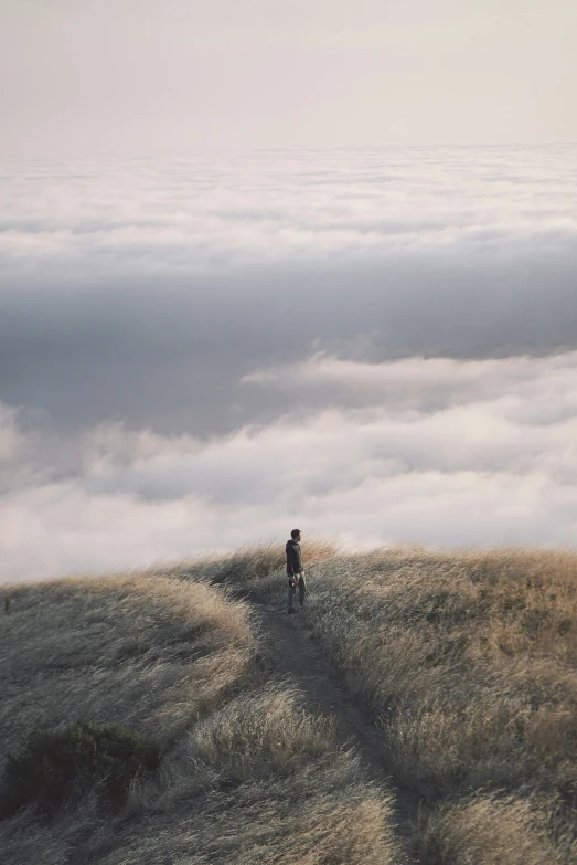 person walking across a hill covered in fog