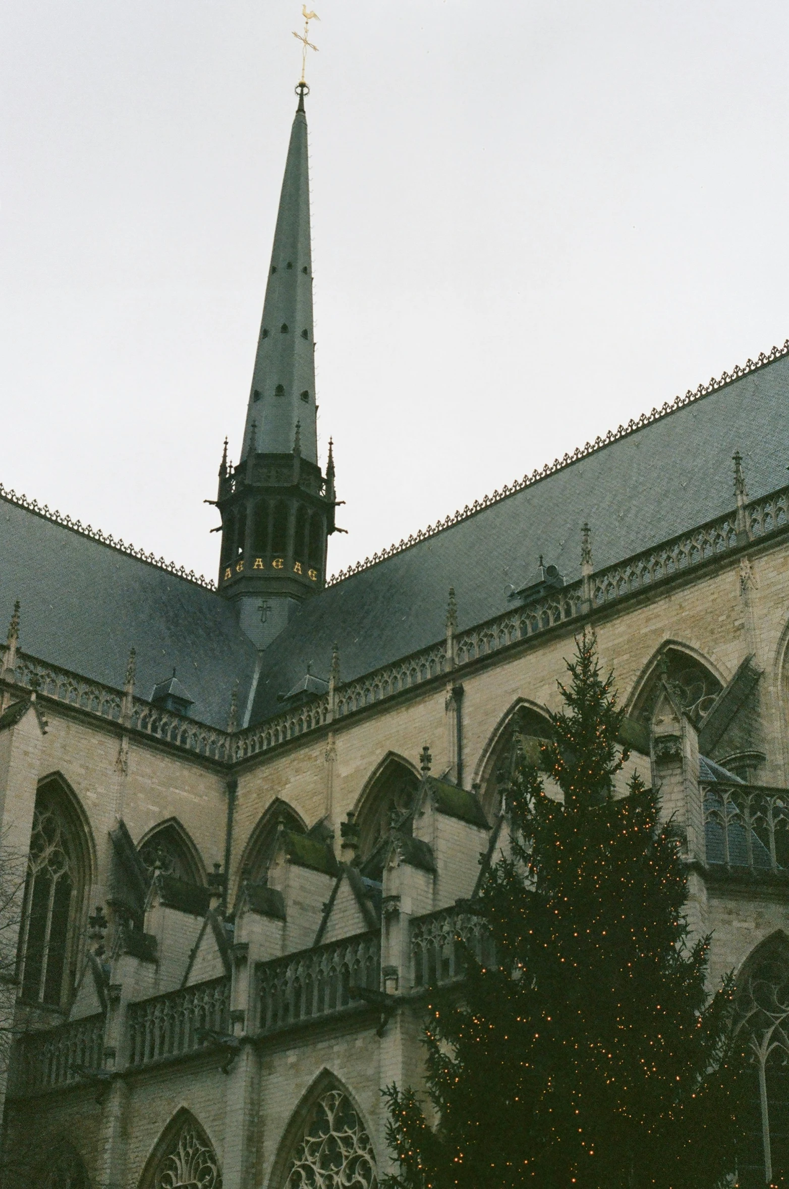 a large building with a tower with a christmas tree in front