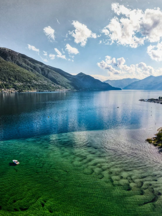 clear waters with mountain background and blue sky above