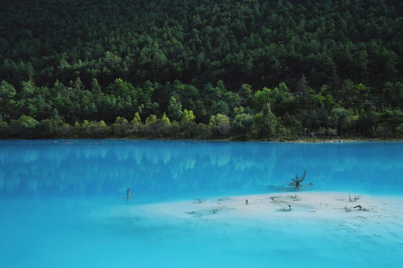 a beautiful blue lake with some trees in the distance