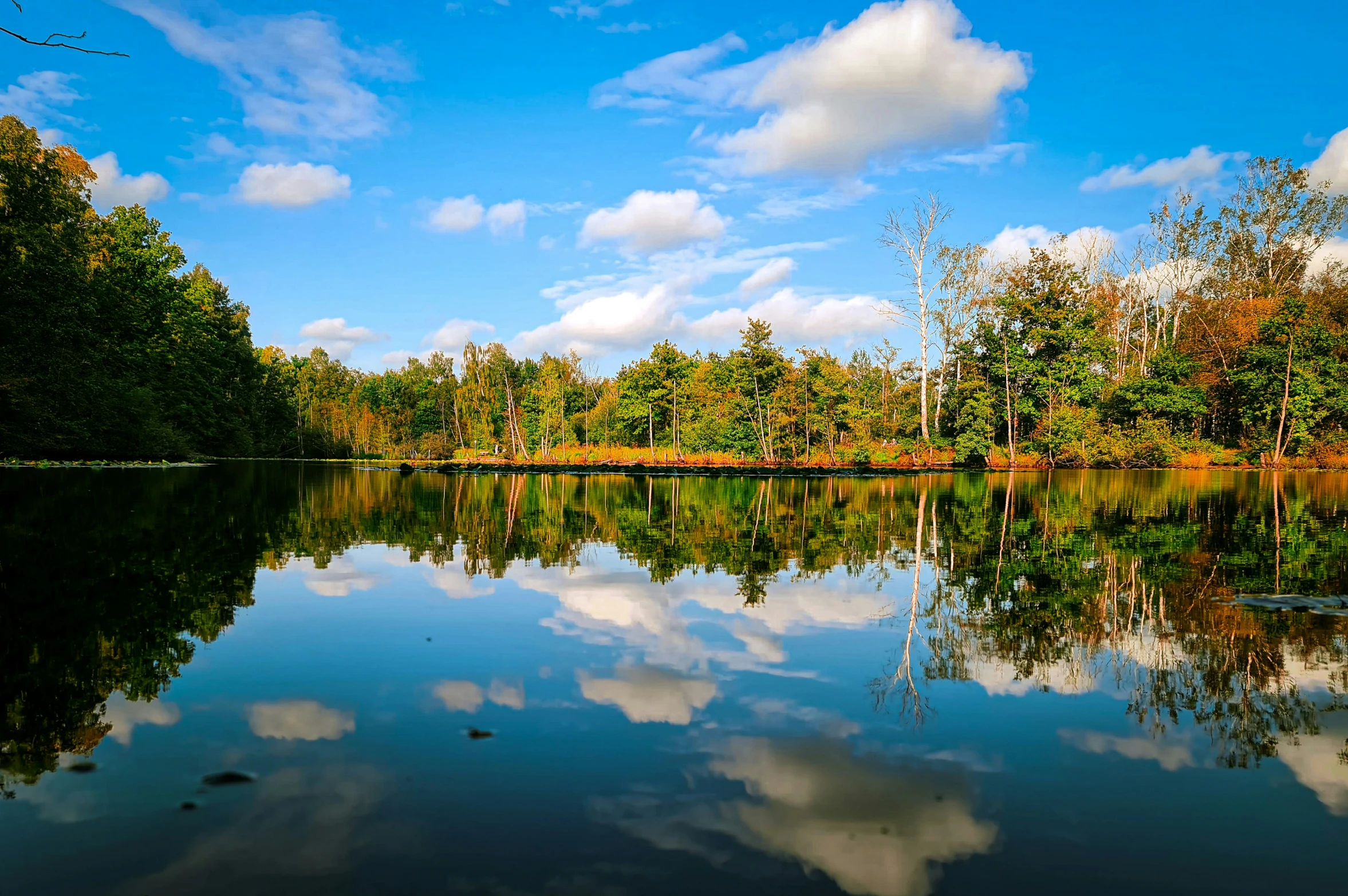 the sky and clouds are reflected in a still pond