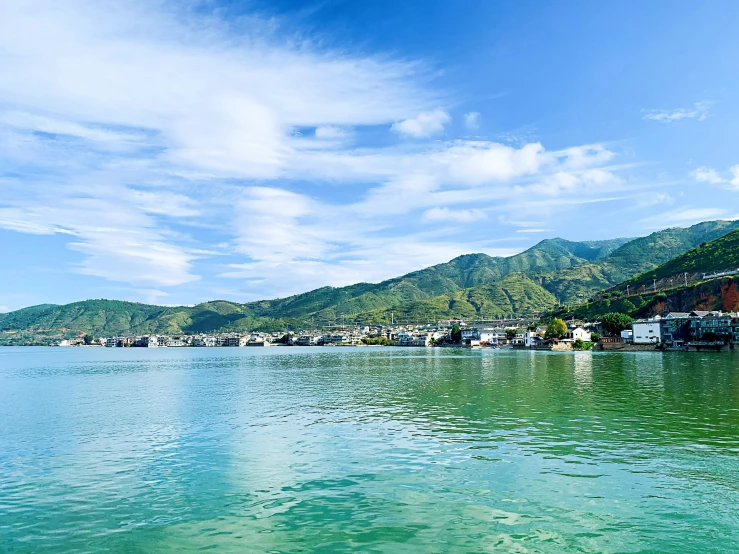 a large body of water sitting under a blue sky