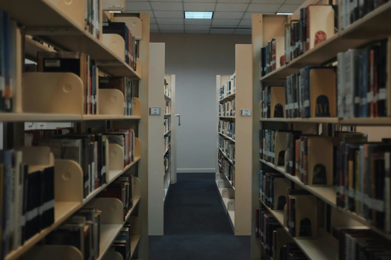 the view of a very long aisle of books in a liry