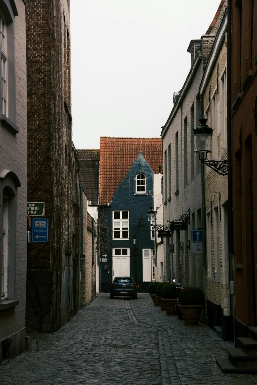 cars are parked on cobblestone streets and houses line the street