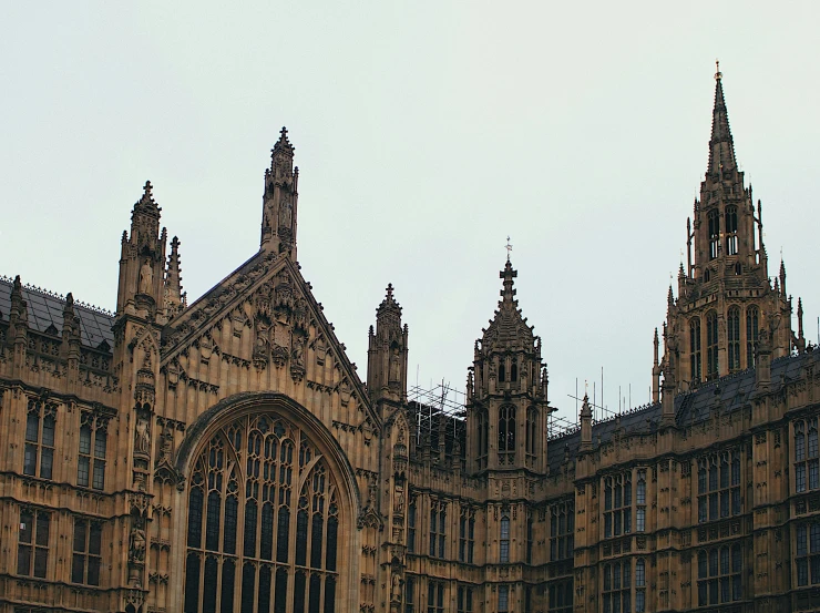 the top of a cathedral looking building with spires