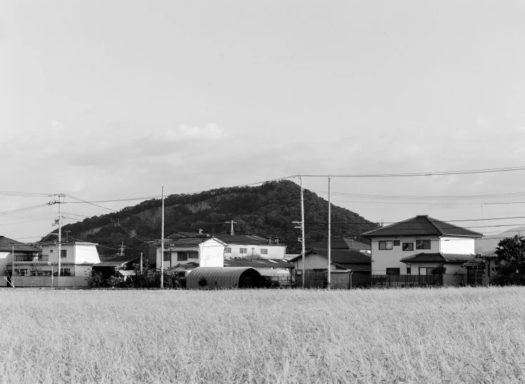 a village near a mountain in the middle of a field