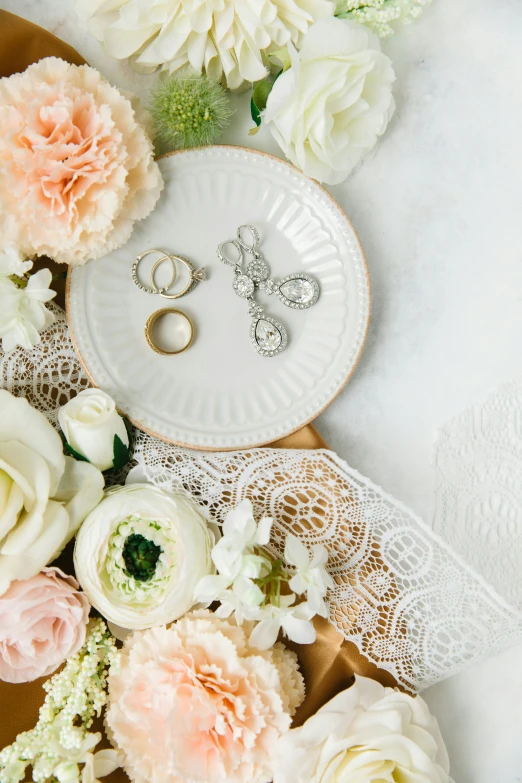 a table with flowers and a plate