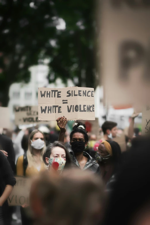 a group of people with signs and masks