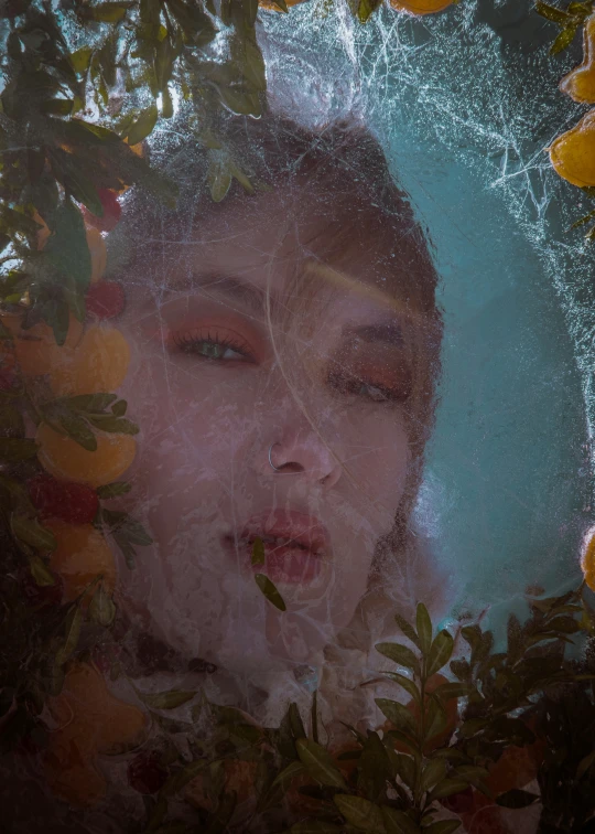 woman looks through window in po of lemon trees