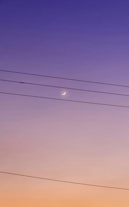 the plane is flying past a lot of wires at dusk