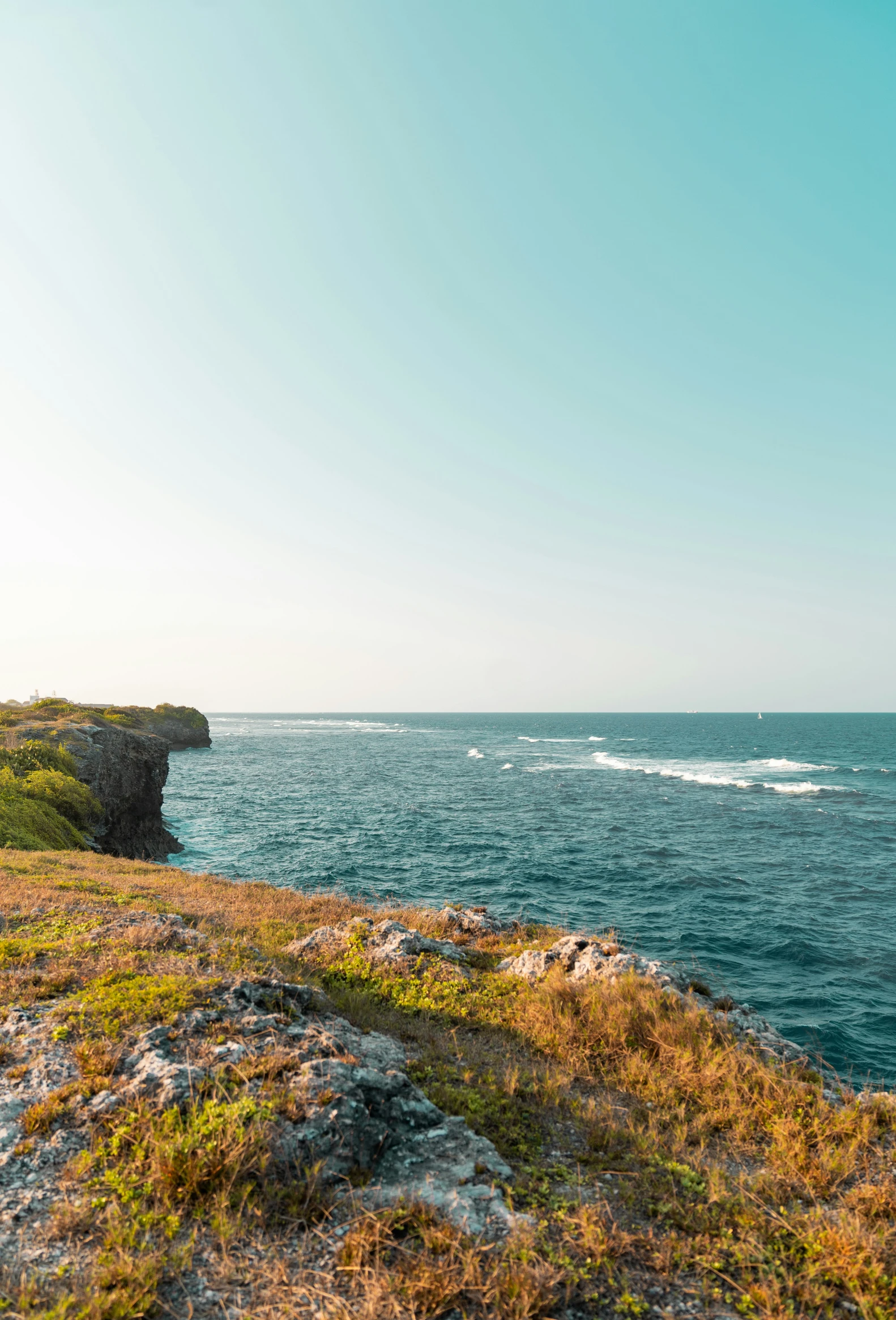 a bench overlooking the ocean next to a grassy shore