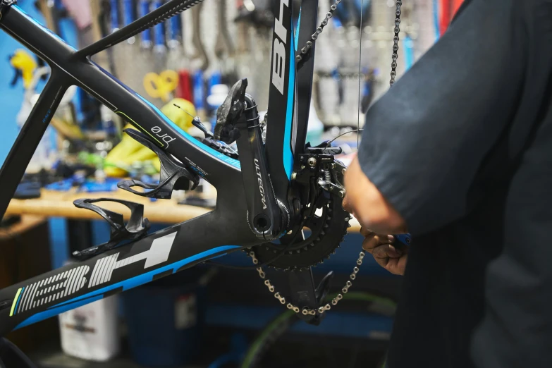 a bike being worked on at a bicycle shop