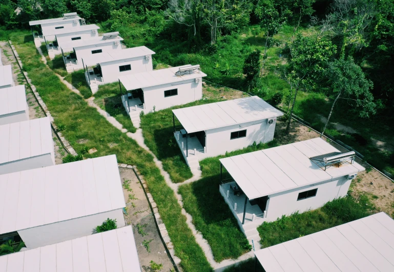 aerial view of several houses surrounded by trees