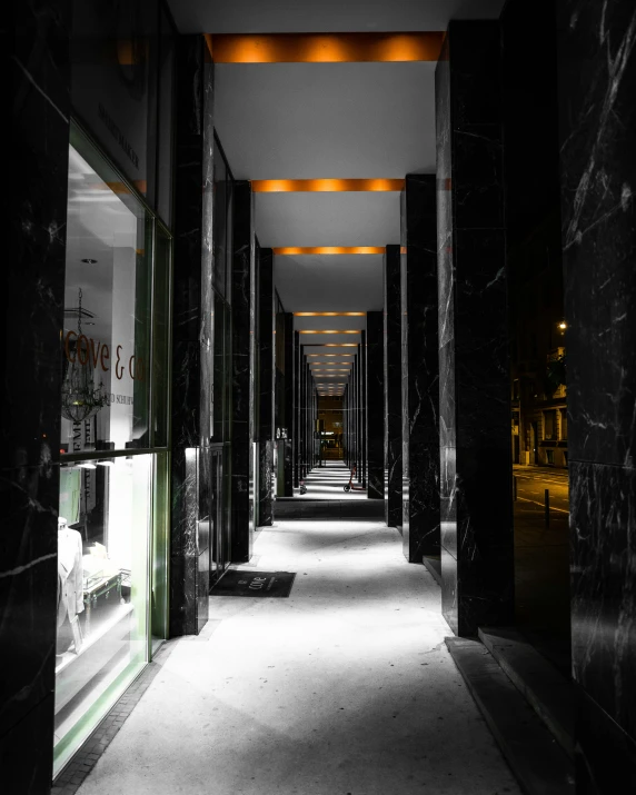 a very dimly lit hallway inside a building