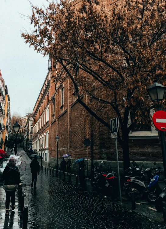 people walking in the rain on a sidewalk, with umbrellas