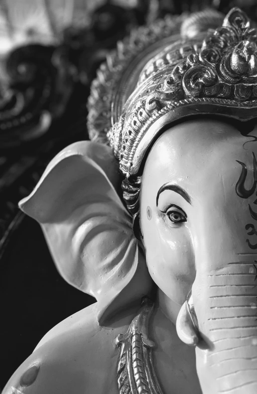 black and white pograph of an elephant head statue