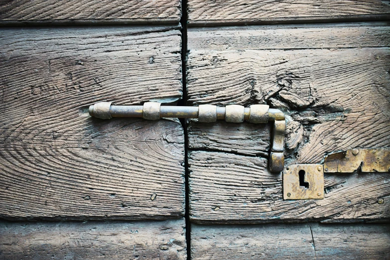 the wooden door has an old key in it