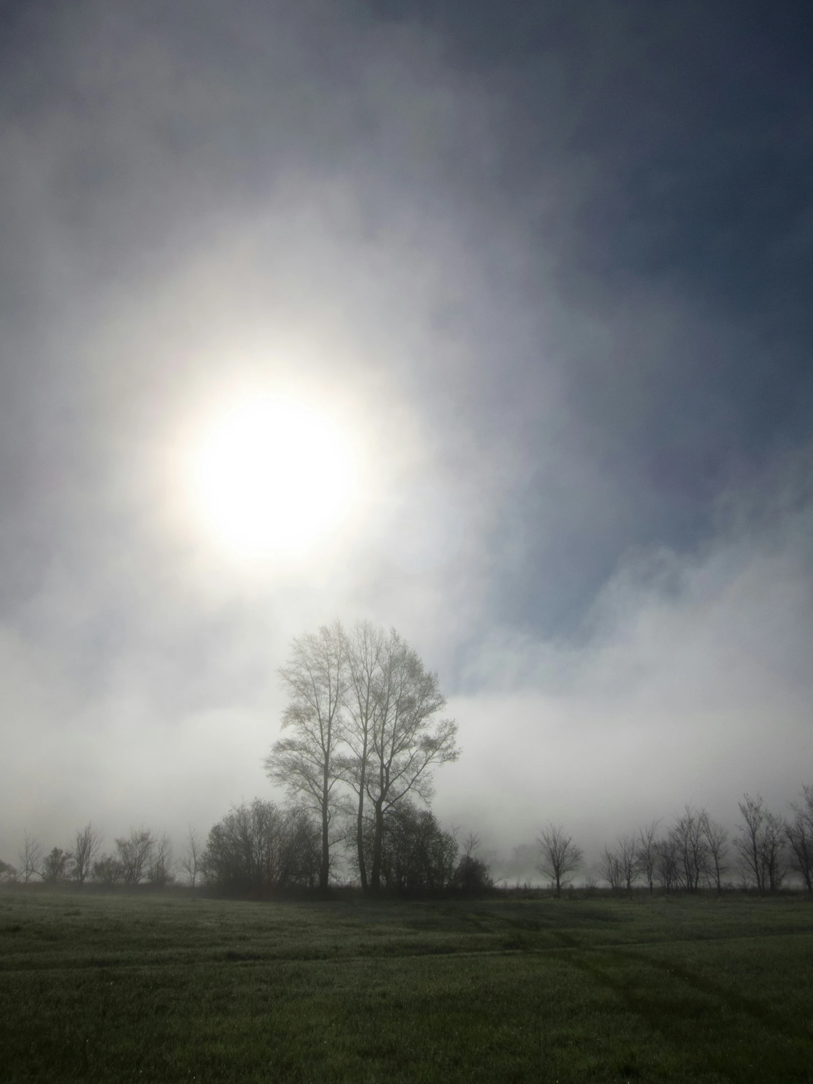 sunbeam through fog in a rural landscape