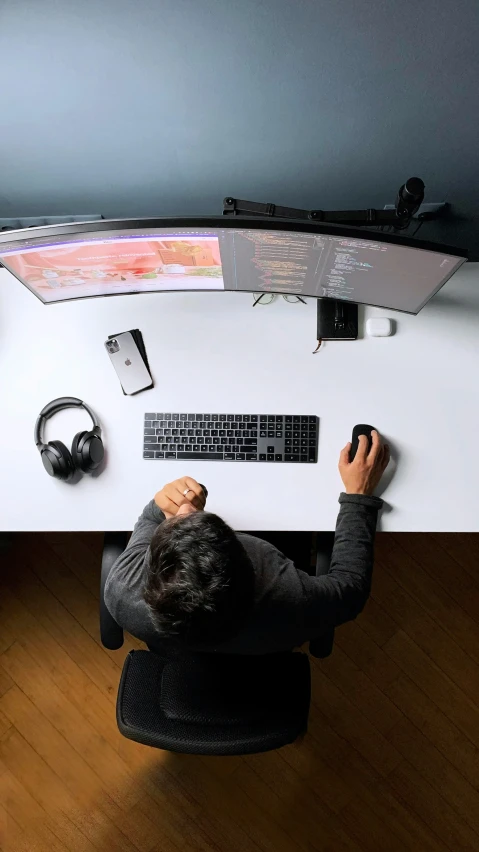 an overhead view of a person at a computer