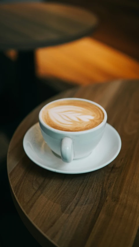 a coffee cup on a wooden table