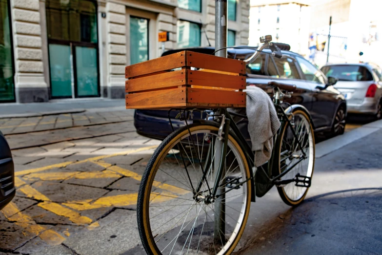 a bike is with a crate on the back