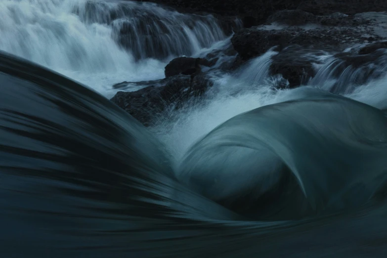 a painting of a waterfall flowing from it's side into the river