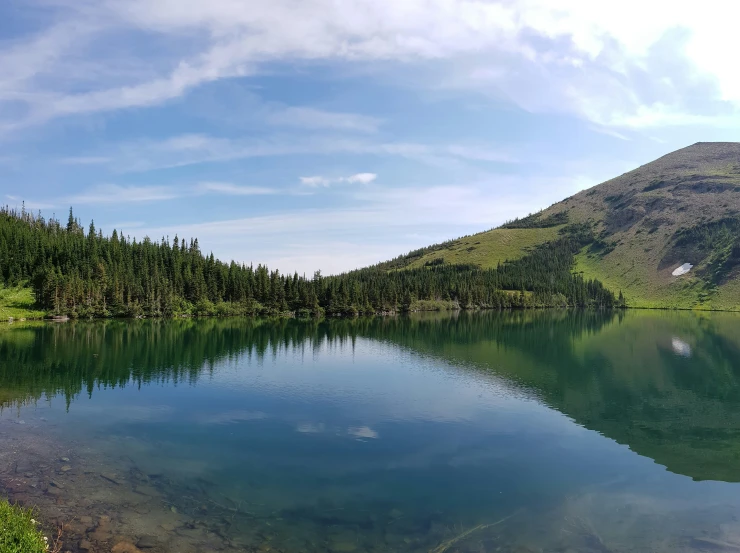 lake on side of wooded area, with sky and mountains in background