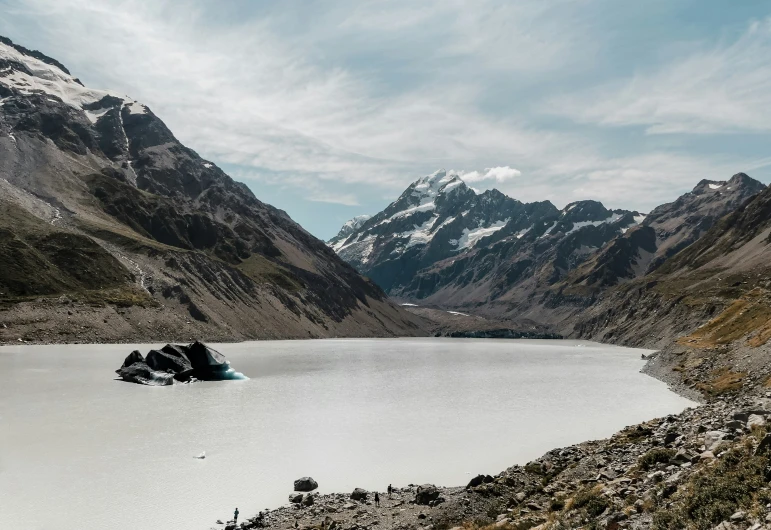 the mountains rise above the lake and are covered with snow