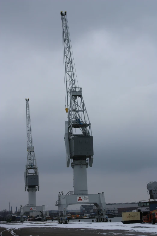 a crane is standing at the dock on a cloudy day