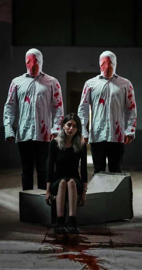 three creepy people stand in front of a tv and another person in costume
