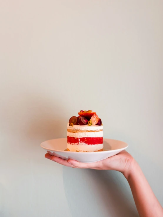 a hand holding a white cake on top of a plate