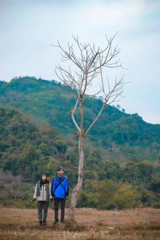 two men stand next to a single tree