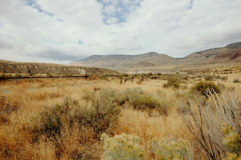 a brown field of grass near mountains under a cloudy sky