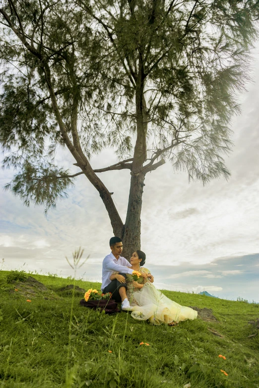 an asian couple sitting under a tree on a hillside