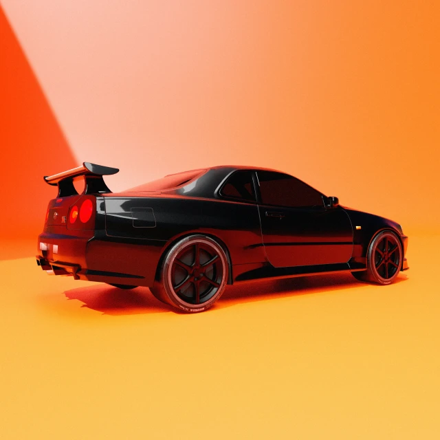 a sleek black sports car sits against an orange wall