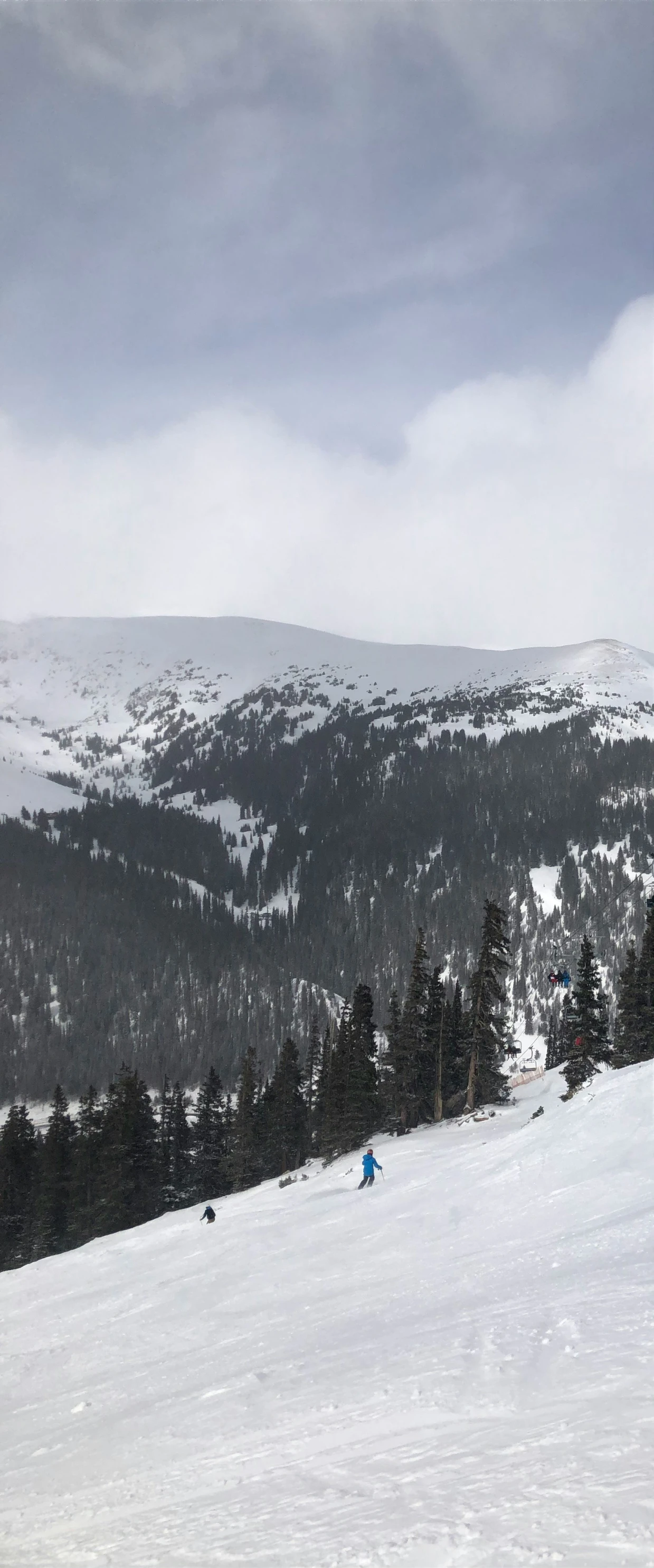 skiers are skiing down a mountain slope during winter