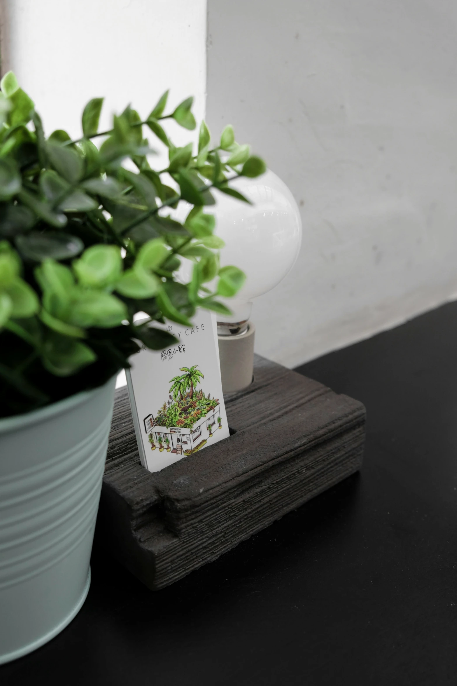 a potted plant with a card sitting on top of it