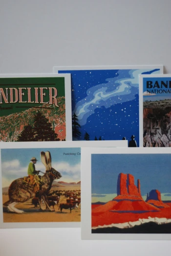 three postcards, one of which has images of deserts