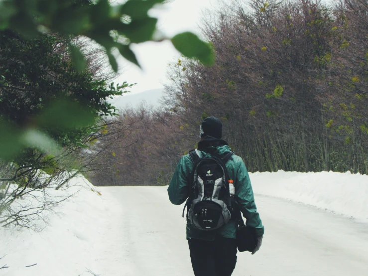 a man in a green jacket with a backpack is hiking