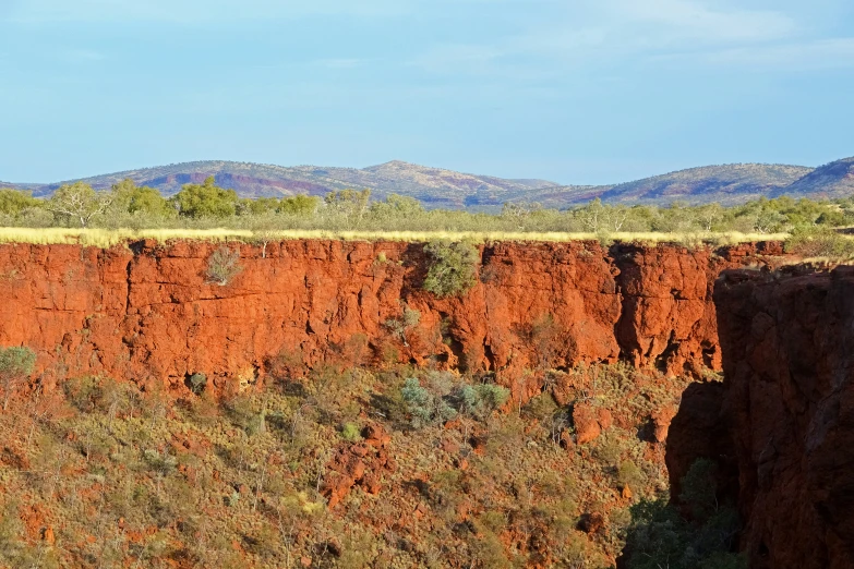 an orange cliff with a lush green field next to it