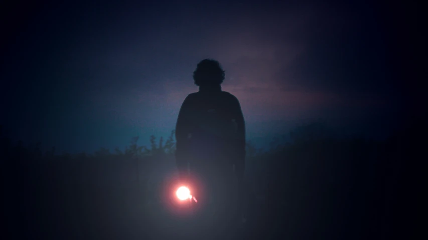 the image shows a person standing in front of some trees at night