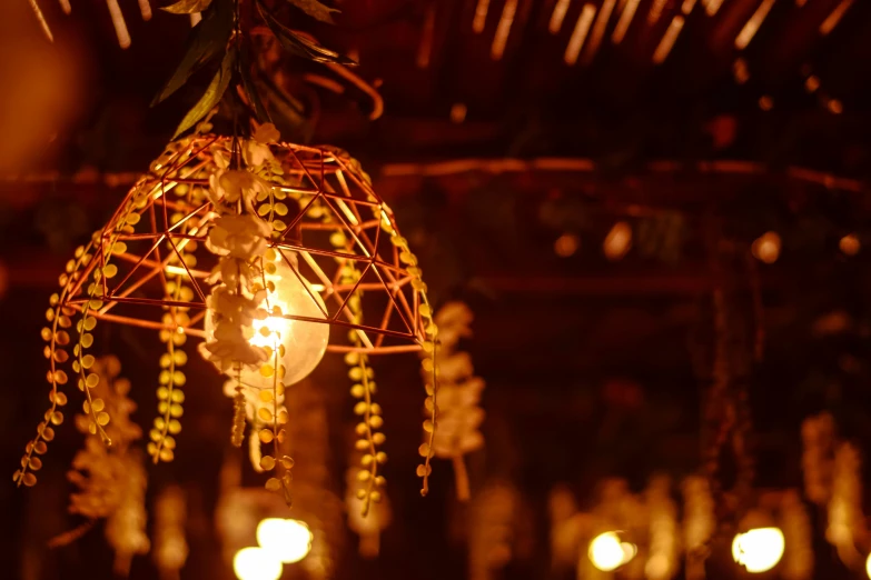 light bulbs are hanging from the ceiling in an elaborate design