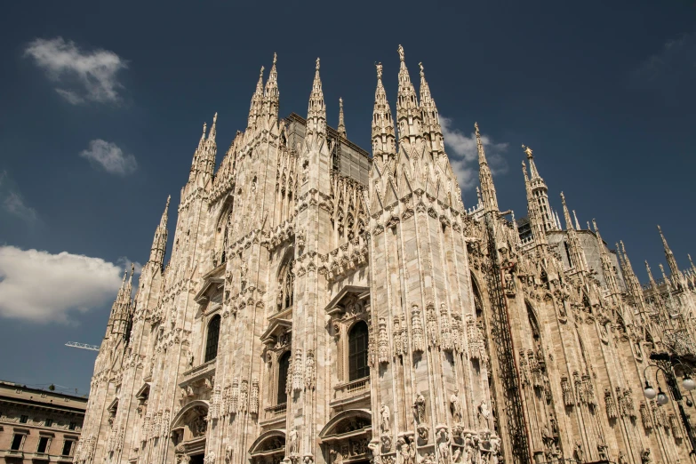 a tall cathedral in an old city under a blue sky