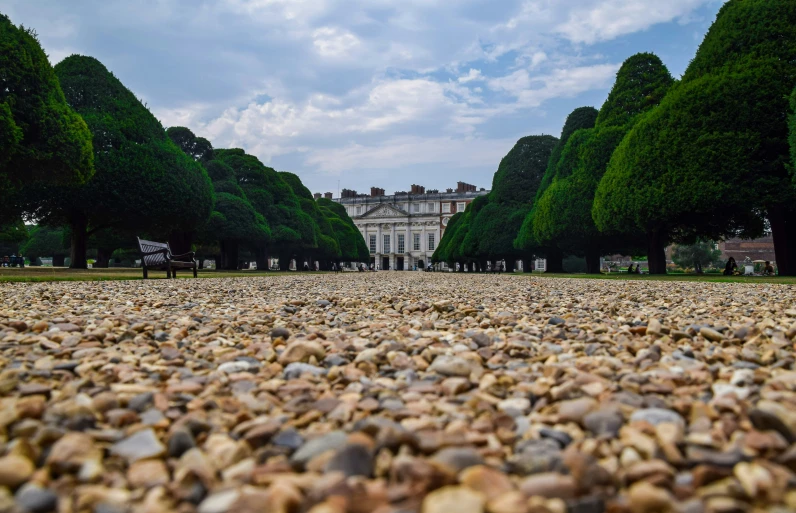 a large stone road lined with trees next to a building