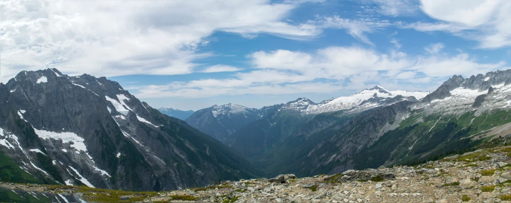 an overview po of mountains with snow and green grass