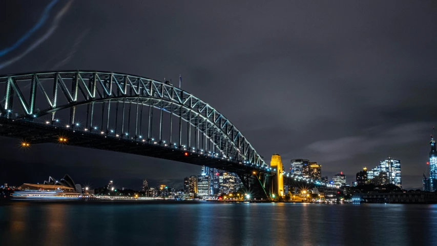 view of the sydney bridge at night with city lights in the distance