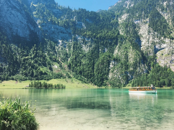 a boat traveling on water near trees and a mountain