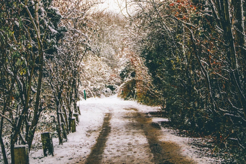 a pathway covered in snow on top of a snow covered slope